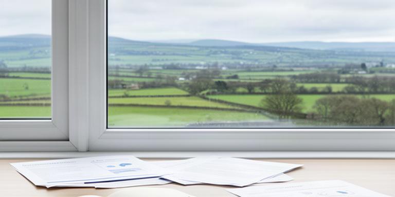Quiet consultancy workspace with a desk, open notebook and papers beside a window overlooking the Northern Ireland countryside