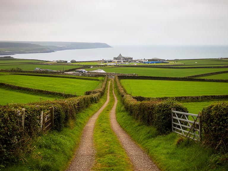 A farm lane running between green fields towards a coastal visitor site in Northern Ireland