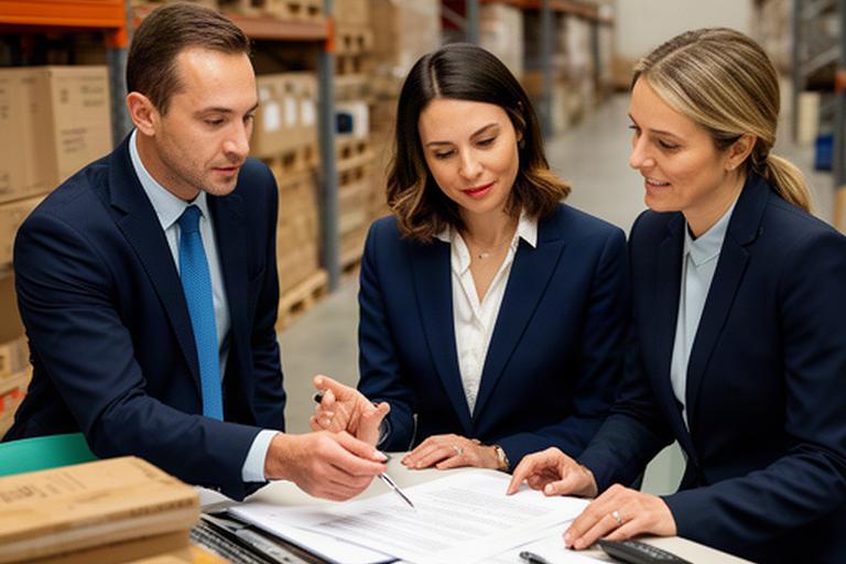Business owners and an adviser examining a supplier agreement beside warehouse stock