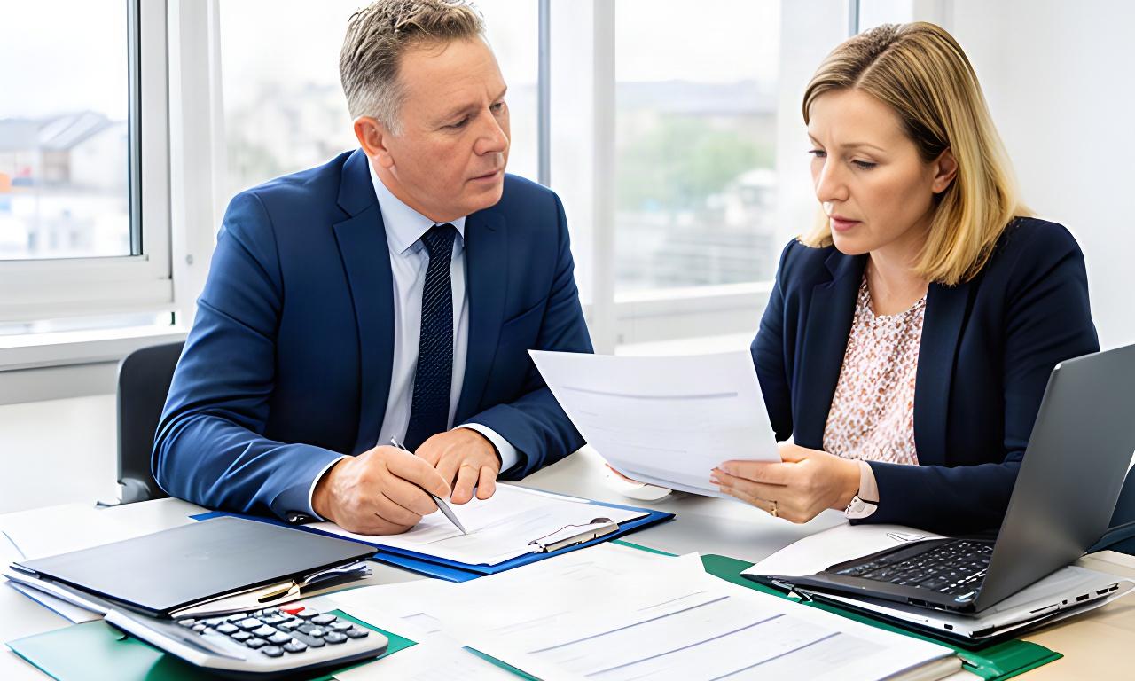 Limavady adviser and local business owner reviewing financial papers together at a bright office table